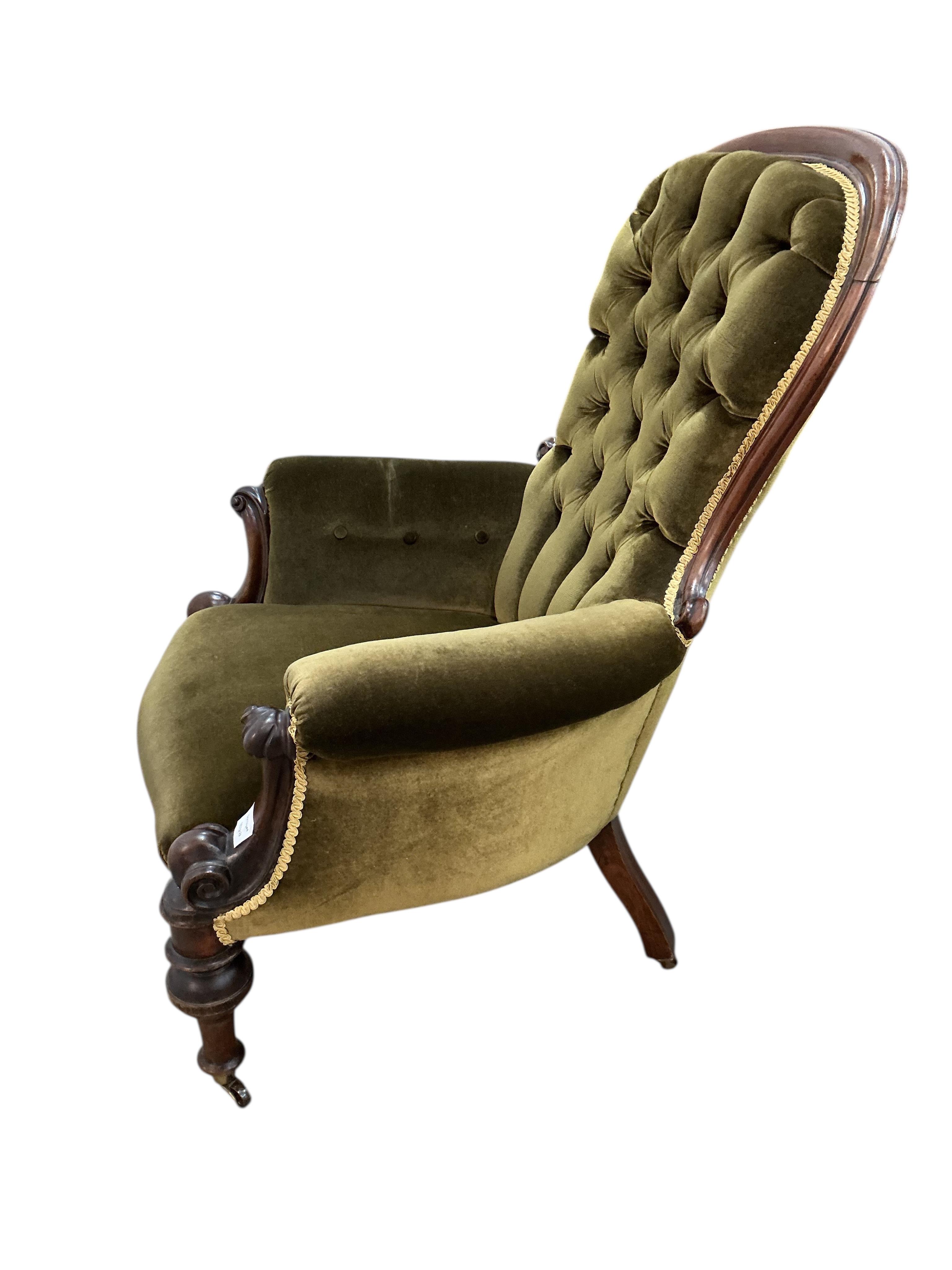 Two Victorian upholstered mahogany spoonback armchairs, larger width 76cm, depth 66cm, height 104cm together with a Victorian rosewood cabriole leg stool